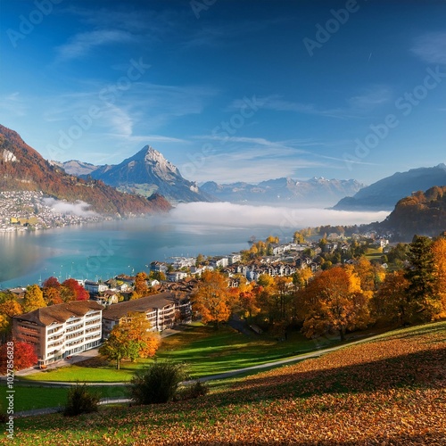 outstanding autumn view on suburb of stansstad city and lucerne lake with mountaines and fog photo