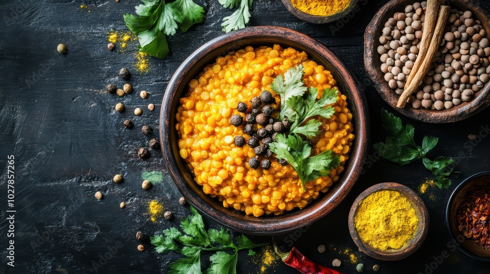 A vibrant bowl of spiced lentils garnished with fresh herbs, surrounded by colorful spices and ingredients on a dark background. A vibrant bowl of spiced lentils garnished with fresh herbs, surrounded by colorful spices and ingredients on a dark background.