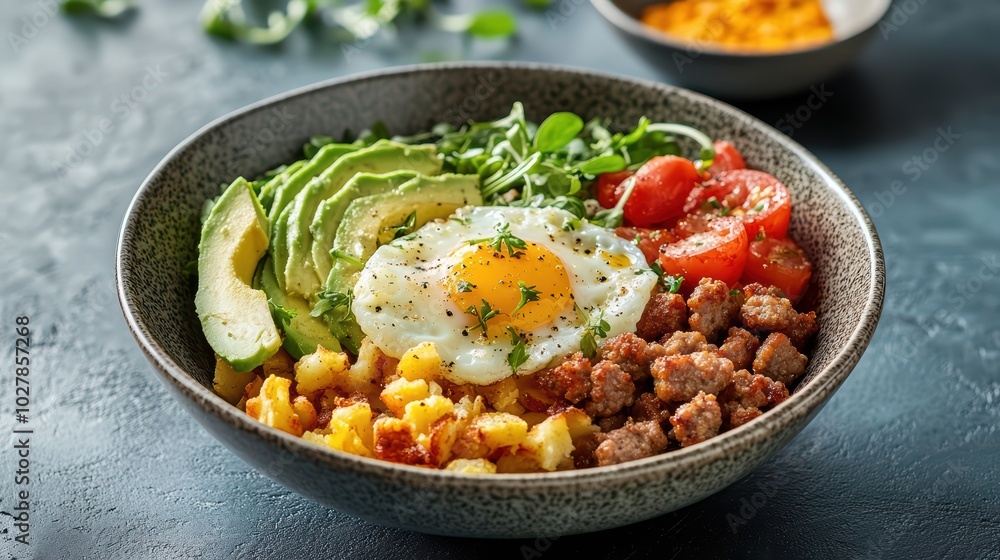 A vibrant breakfast bowl featuring egg, avocado, tomatoes, sausage, and potatoes, garnished with fresh herbs for a healthy meal. A vibrant breakfast bowl featuring egg, avocado, tomatoes, sausage, and potatoes, garnished with fresh herbs for a healthy meal.