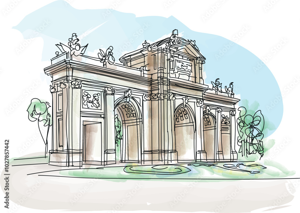 Alcala Gate (Puerta de Alcala) - Monument in the Independence Square in Madrid, Spain - vector illustration