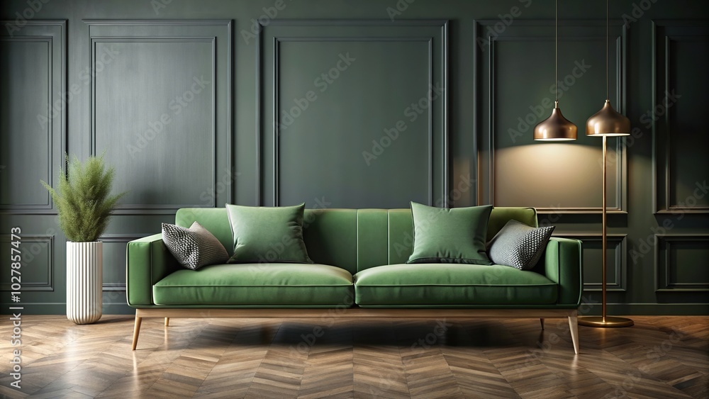green, dark wall, sleek, sofa, decor, A medium shot of a contemporary green sofa with sleek decor against a dark wall green, dark wall, sleek, sofa, decor, A medium shot of a contemporary green sofa with sleek decor against a dark wall