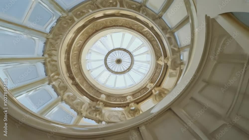 Looking up a spiral staircase with skylight. Looking up a spiral staircase with skylight.
