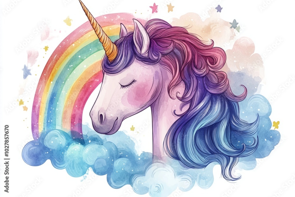 Cute cartoon unicorn sitting over the rainbow and clouds Cute cartoon unicorn sitting over the rainbow and clouds