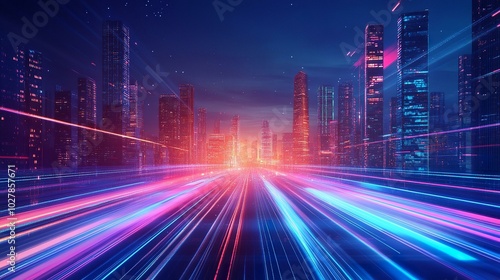 Futuristic cityscape with vibrant light trails