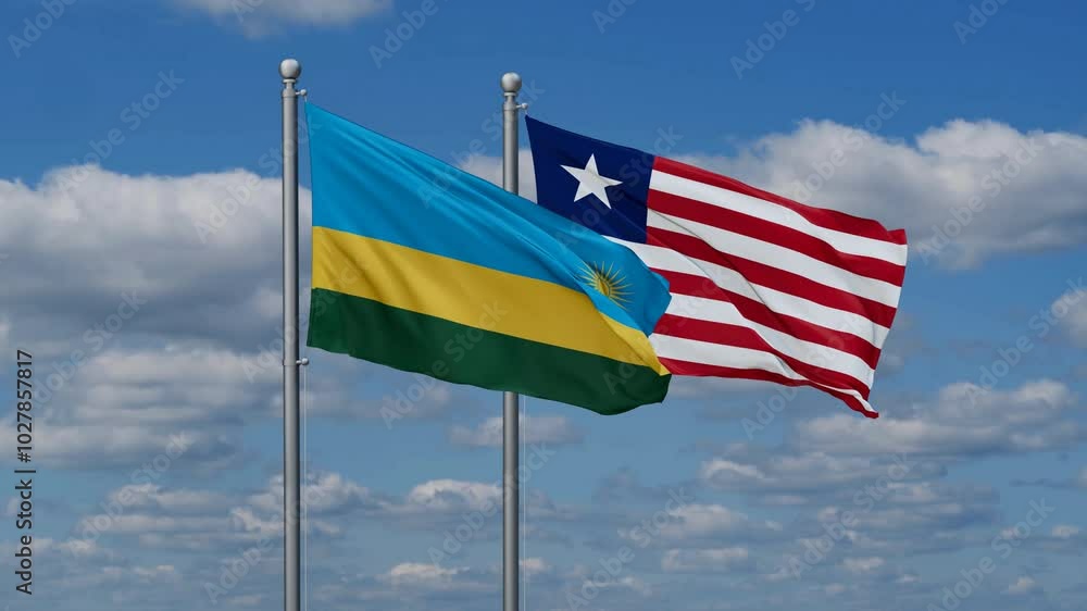 Liberia and Rwanda flags flying together, video concept of the relationship, two country cooperation concept Liberia and Rwanda flags flying together, video concept of the relationship, two country cooperation concept