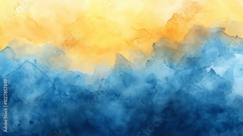 Abstract watercolor brush strokes in blue and yellow, summer feel, paper texture