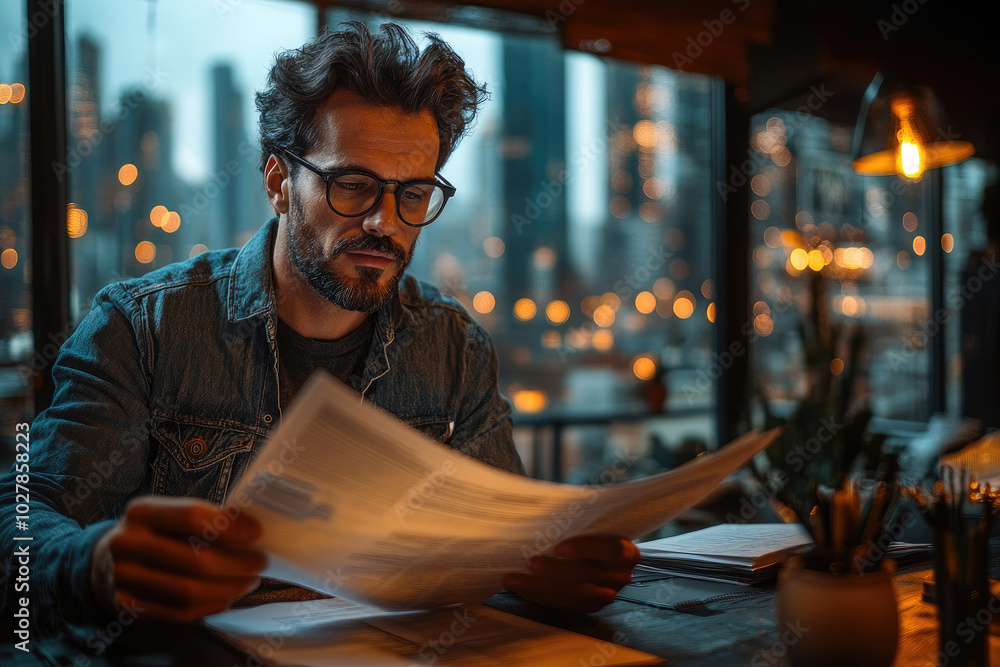 Obraz premium Man Reading Paper at Desk in Cityscape Setting