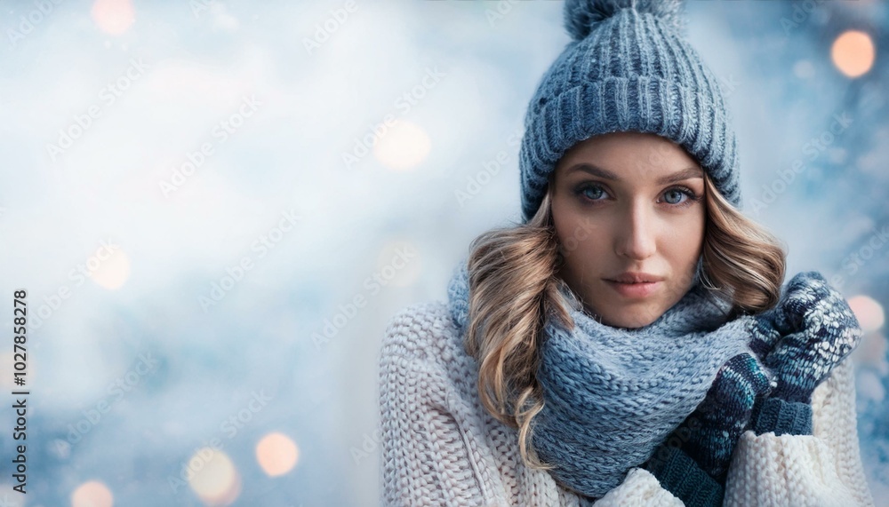 sad modern female in sweater mittens hat and scarf sad modern female in sweater mittens hat and scarf