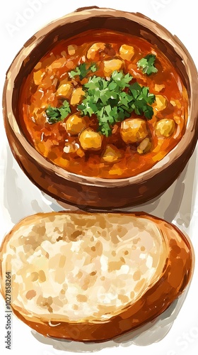 Delicious Chickpea Stew with Bread - Watercolor Illustration.