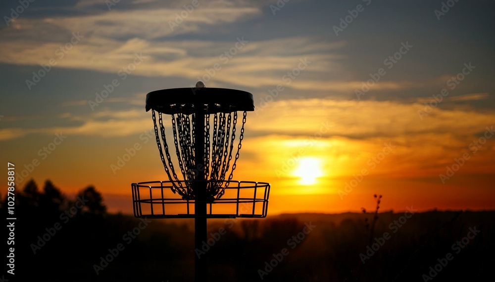silhouette of disc golf basket against sunset silhouette of disc golf basket against sunset