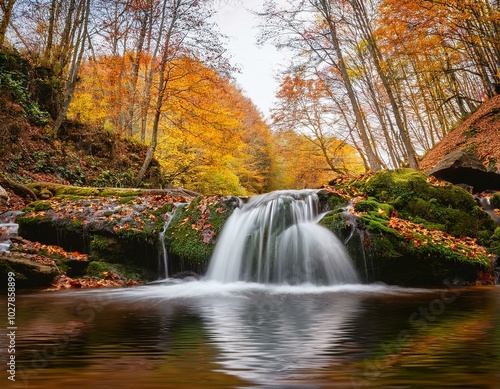 small waterfall on autumn day in forest