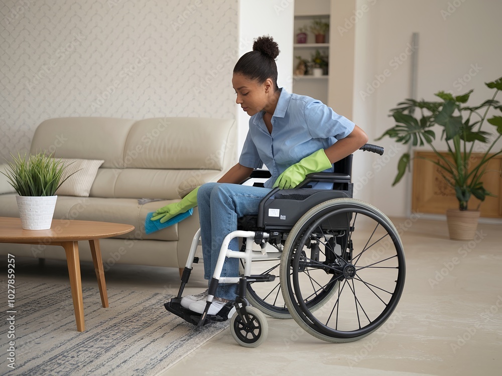 African American woman in a wheelchair preparing a salad in a modern kitchen. African American woman in a wheelchair preparing a salad in a modern kitchen.