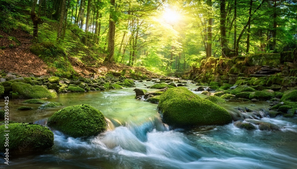 spring forest nature landscape beautiful spring stream river rocks in mountain forest spring forest nature landscape beautiful spring stream river rocks in mountain forest