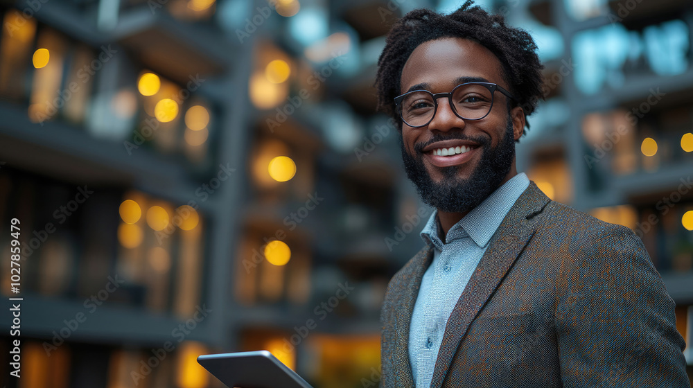 Fototapeta premium Confident Businessman Smiling in Urban Setting