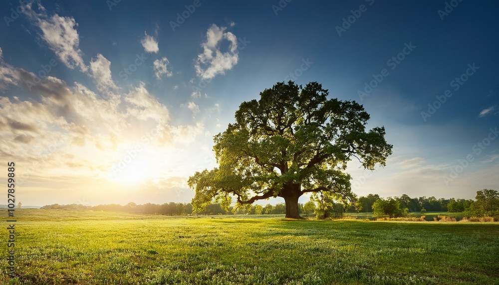 Obraz premium summer or autumn nature background big old oak tree against sunlight