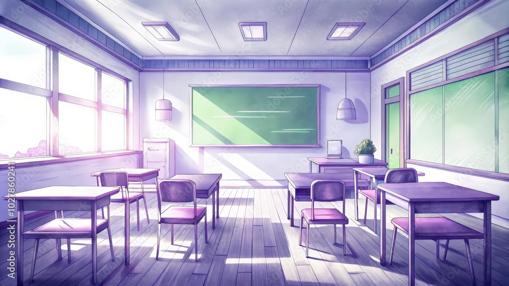 Fototapeta premium An Empty Anime Classroom with Sunlight Streaming Through Windows