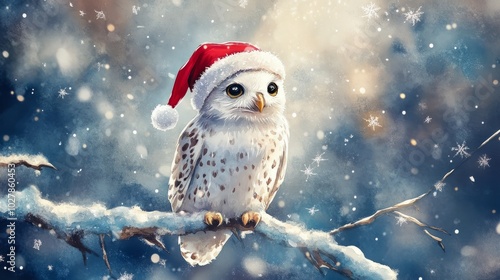 Cartoon cute white polar owl perched on a snowy branch, wearing a Santa hat and surrounded by sparkling stars photo