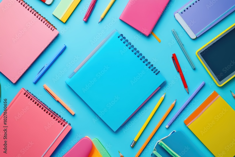 Colorful stationery items arranged on a vibrant blue background, perfect for educational and creative projects. Colorful stationery items arranged on a vibrant blue background, perfect for educational and creative projects.