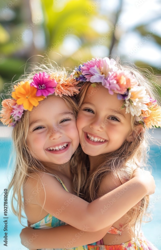 Fototapeta premium Two Happy Girls in Flower Crowns Hugging by Pool
