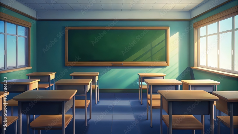 Empty classroom with desks, a chalkboard, and windows Empty classroom with desks, a chalkboard, and windows