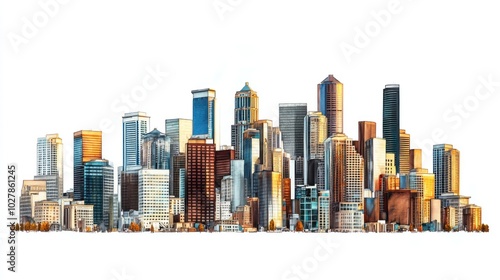 A panoramic view of a modern city skyline with tall skyscrapers and buildings.