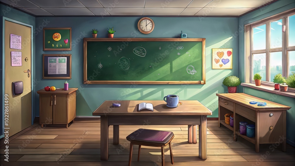A Sunlit Classroom with a Desk, Chair, and Blackboard A Sunlit Classroom with a Desk, Chair, and Blackboard
