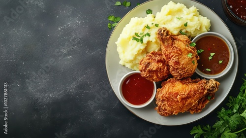 Delicious fried chicken served with creamy mashed potatoes and rich sauces on a rustic table.