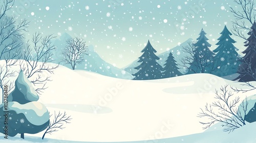 Winter landscape with snowflakes and evergreen trees