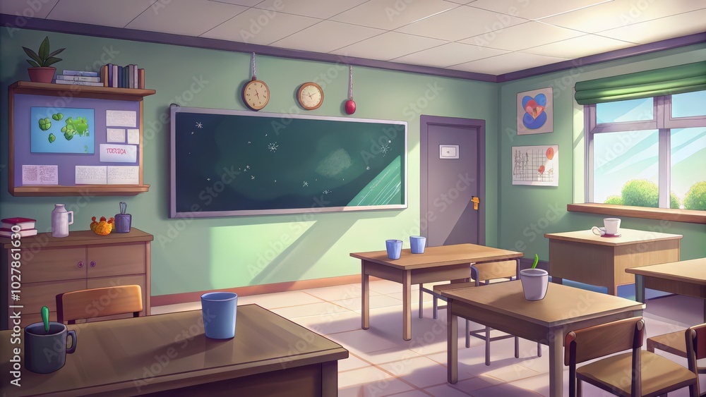 An Empty Classroom with Desks, Chairs, and Sunlight Streaming Through the Window An Empty Classroom with Desks, Chairs, and Sunlight Streaming Through the Window