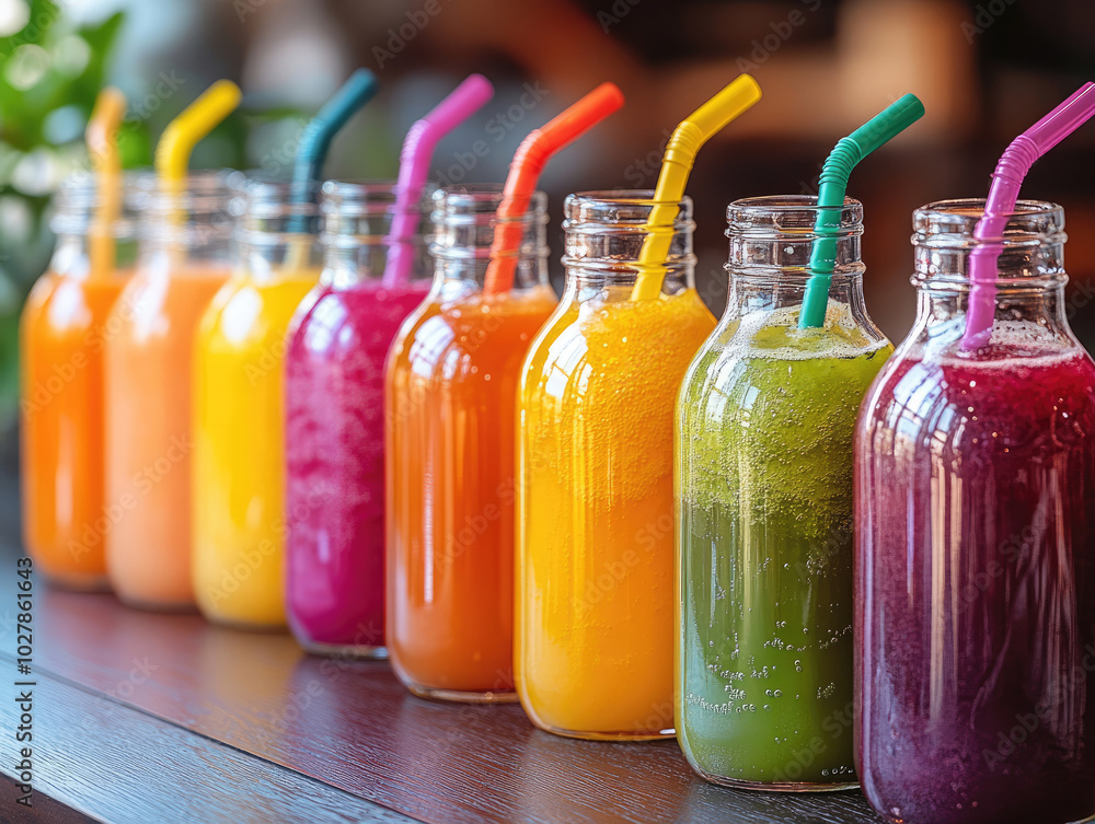 Colorful Smoothies in Glass Bottles with Straws Colorful Smoothies in Glass Bottles with Straws