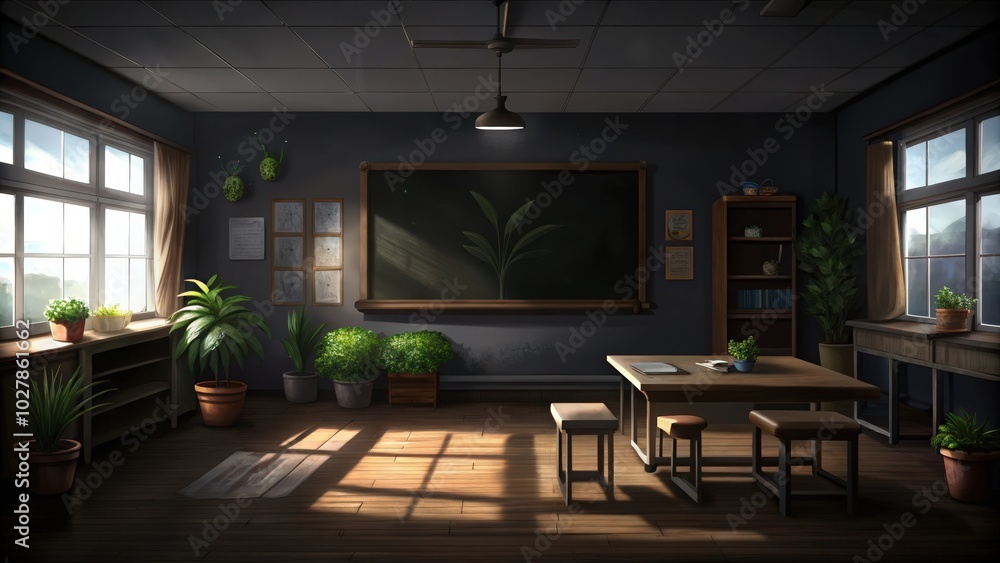 A Sunlit Classroom with a Blackboard, Plants, and a Wooden Table and Stools A Sunlit Classroom with a Blackboard, Plants, and a Wooden Table and Stools