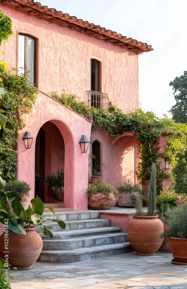 Charming Pink Stucco Villa with Lush Green Garden Charming Pink Stucco Villa with Lush Green Garden
