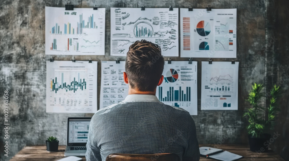 A businessman is carefully studying financial data and growth charts. He's planning how to improve his business, manage money wisely, and make smart investments. A businessman is carefully studying financial data and growth charts. He's planning how to improve his business, manage money wisely, and make smart investments.