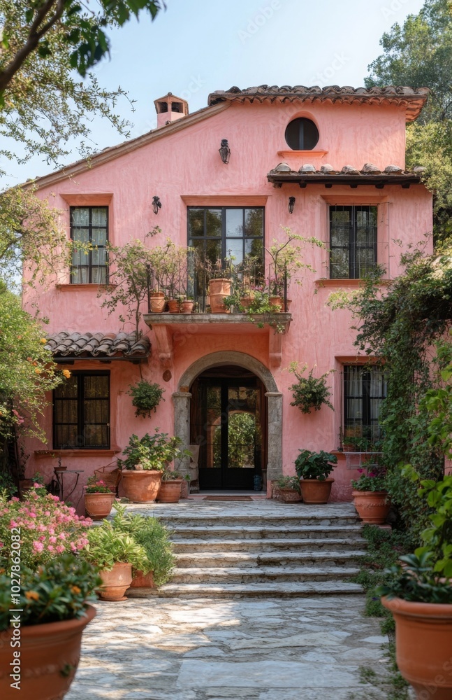 Fototapeta premium Charming Pink Stucco Villa with Lush Green Garden