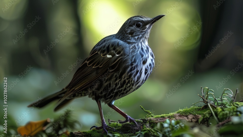 Close-up of a spotted songbird perched on a mossy branch in a forest, soft natural lighting Close-up of a spotted songbird perched on a mossy branch in a forest, soft natural lighting