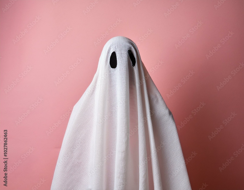 white ghost sheet costume against pastel pink background minimal halloween scary concept white ghost sheet costume against pastel pink background minimal halloween scary concept
