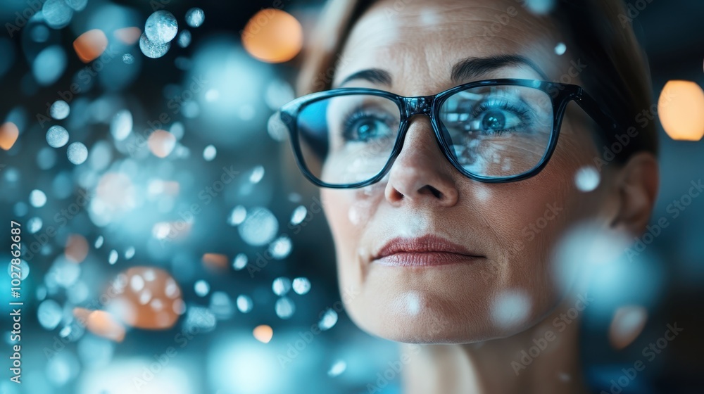 A focused woman in glasses amidst a digital-like network of floating blue lights, capturing a futuristic and determined demeanor, suggestive of analytical thought. A focused woman in glasses amidst a digital-like network of floating blue lights, capturing a futuristic and determined demeanor, suggestive of analytical thought.