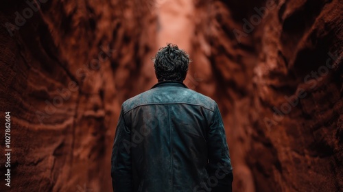 An individual walks solitary through a striking red canyon, highlighting themes of seclusion and introspection against a landscape of natural beauty and mystery. photo