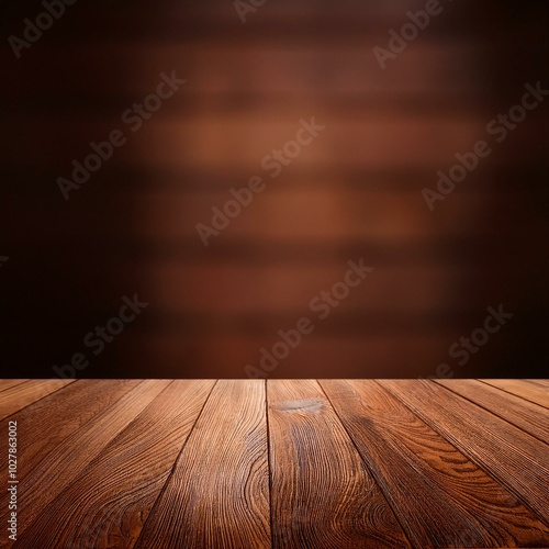 wood table on dark brown wall blurred background