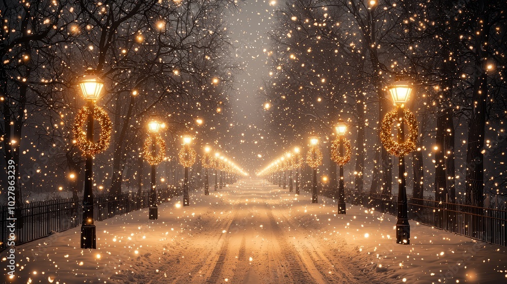 Snowy Street with Garlands and Lanterns in 3D Illustration Snowy Street with Garlands and Lanterns in 3D Illustration