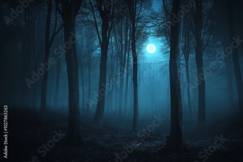 Dark, creepy forest, perfect horror concept. Shadows, fear, and night blend with eerie, ominous atmosphere. Halloween, daemon, ghost, murder, and thriller scene.