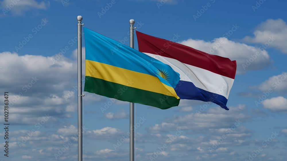Netherlands and Rwanda flags flying together, video concept of the relationship, two country relations concept Netherlands and Rwanda flags flying together, video concept of the relationship, two country relations concept