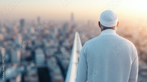 A man with a white cap observes the vast city below, standing atop a skyscraper, illustrating urban life and introspection from an elevated perspective.