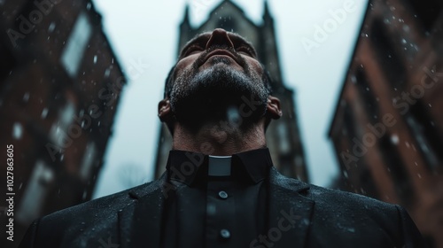 A man in a clerical collar stands with head upturned in front of a towering Gothic church, with raindrops visibly falling against a dramatic backdrop.