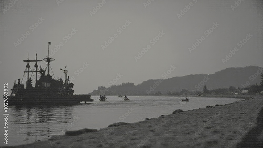 Fototapeta premium Vintage black-and-white photograph of a naval ship near a calm shoreline