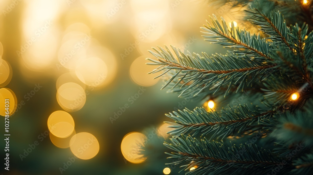 Close-up of Christmas tree branches with warm glowing lights. Cozy holiday background. Close-up of Christmas tree branches with warm glowing lights. Cozy holiday background.