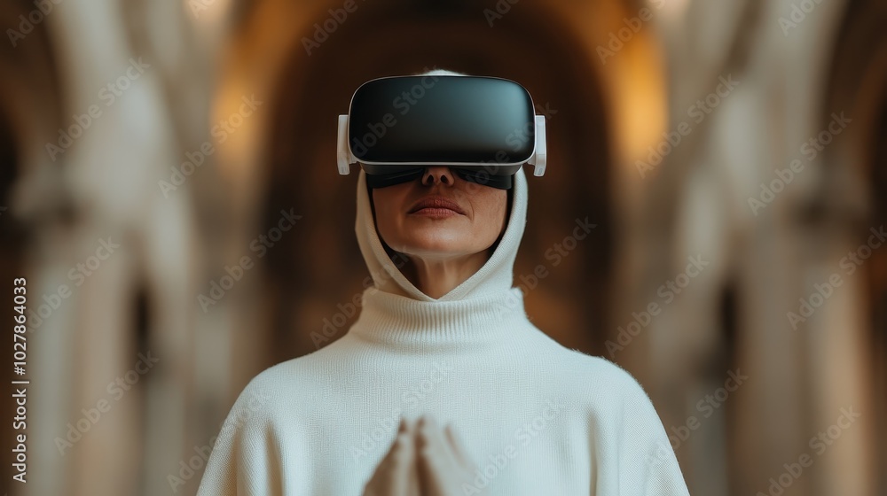 This serene image captures a person with a VR headset and hooded clothing, almost in a meditative state, portraying the blending of technology with tranquility.