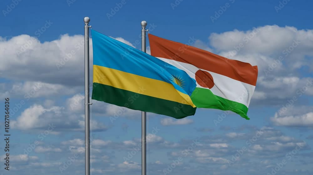 Niger and Rwanda flags flying together, video concept of the relationship, two country relations concept Niger and Rwanda flags flying together, video concept of the relationship, two country relations concept