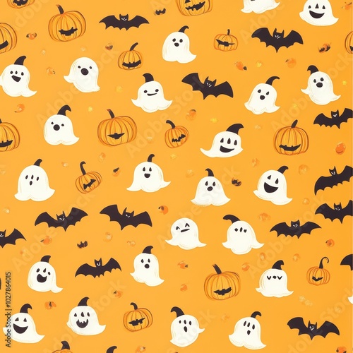 Cute Halloween wallpaper pattern in cartoon style. Halloween and autumn background illustration in orange and black. Bat, ghost, pumpkin.