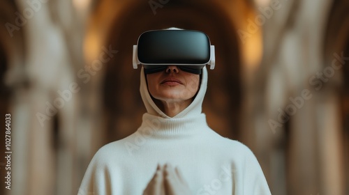 This serene image captures a person with a VR headset and hooded clothing, almost in a meditative state, portraying the blending of technology with tranquility.